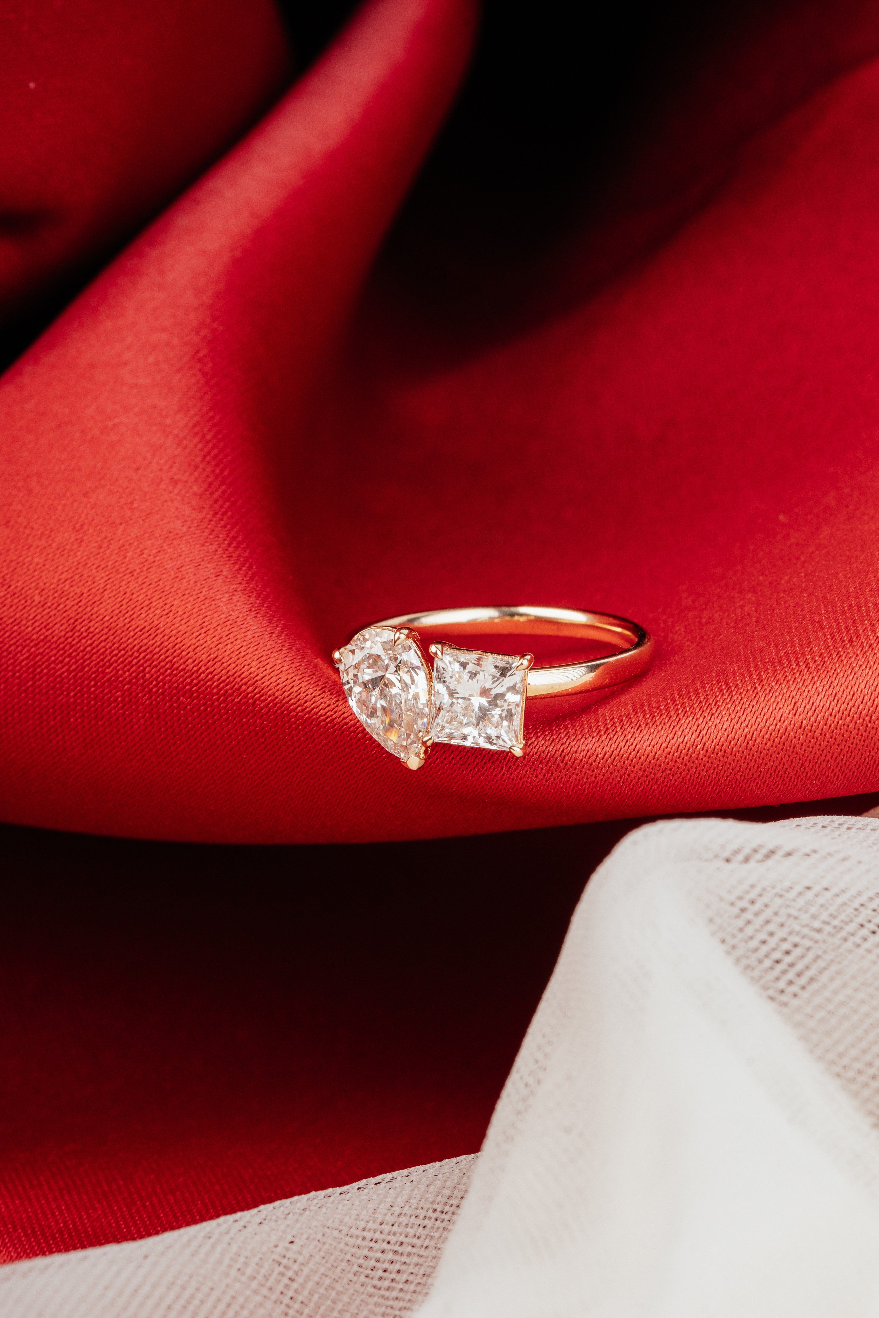 Lab-Grown Diamond Tear Drop and Princess Cut Two Stone Ring