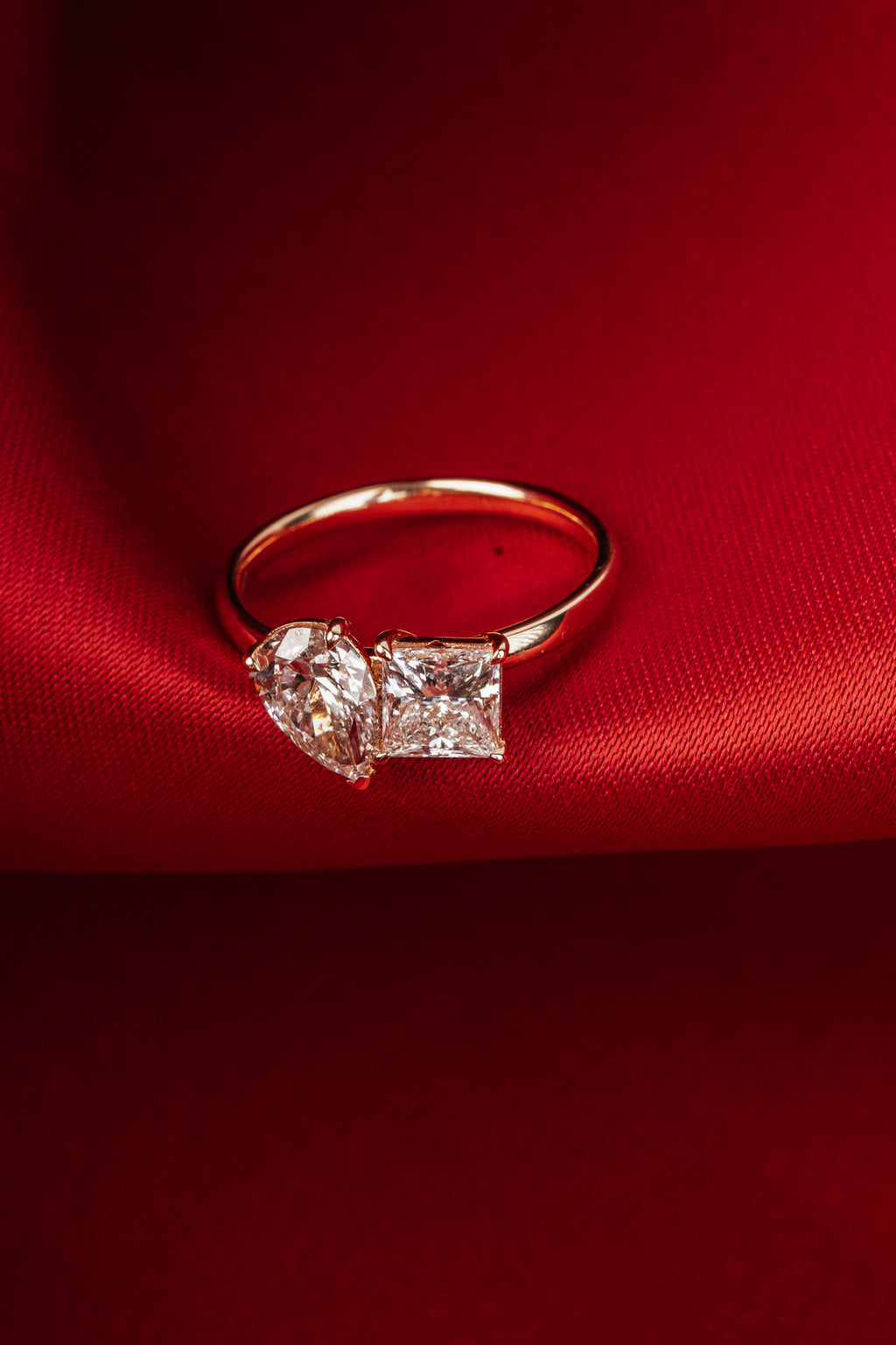 Lab-Grown Diamond Tear Drop and Princess Cut Two Stone Ring