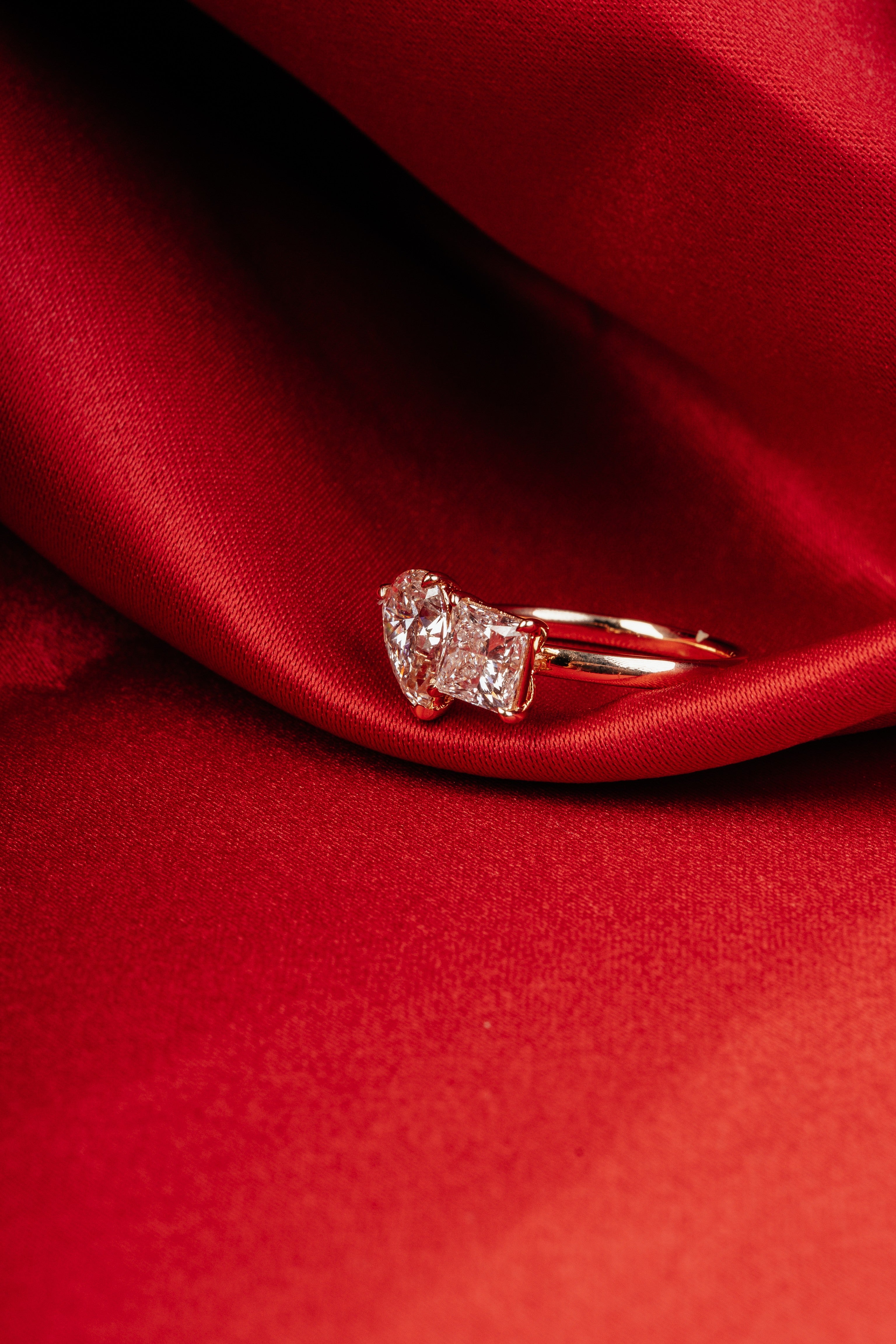 Lab-Grown Diamond Tear Drop and Princess Cut Two Stone Ring
